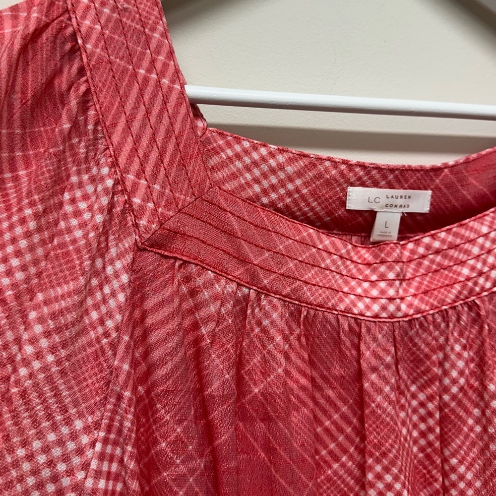 LC Lauren Conrad Women’s L Red Plaid Blouse Top Shirt Long Sleeves Square Neck - Picture 6 of 8
